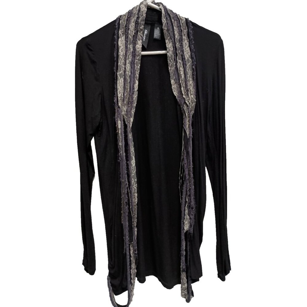 Boutique  Gothic BOHO Cardigan Womens Small Black Fringe‎ Lace Distressed Look